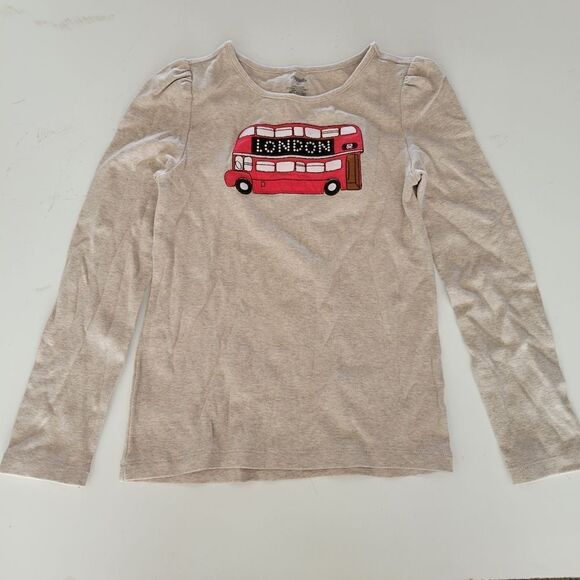 LONDON DOUBLE DECKER RED CITY BUS GYMBOREE TAN LONG SLEEVE SHIRT 8 9 10 - Picture 1 of 5